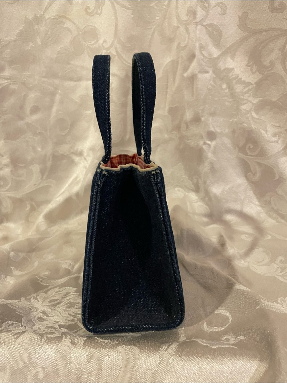 Vintage Y2K Kate Spade denim Blue Jean purse, red cottagecore gingham interior - Picture 5 of 16